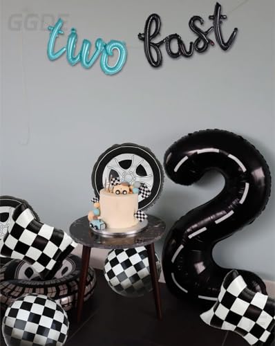 40-Inch Race Car Number 2 Balloon & Two Fast Banner Set - Black Blue Party Decor