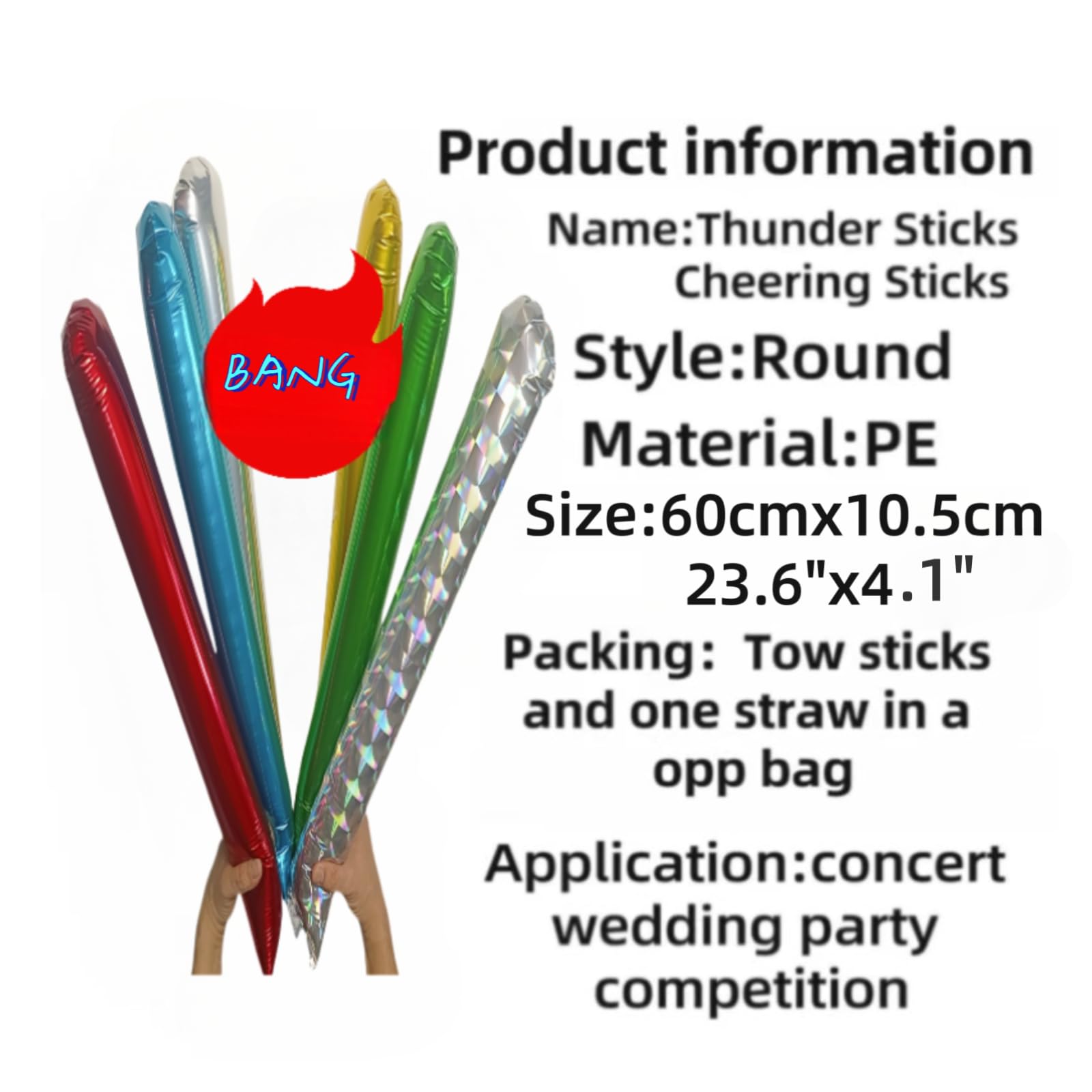 40-Pack Inflatable Thunder Sticks (23.6") for Sports Cheering – Boom Sticks in 9 Colors