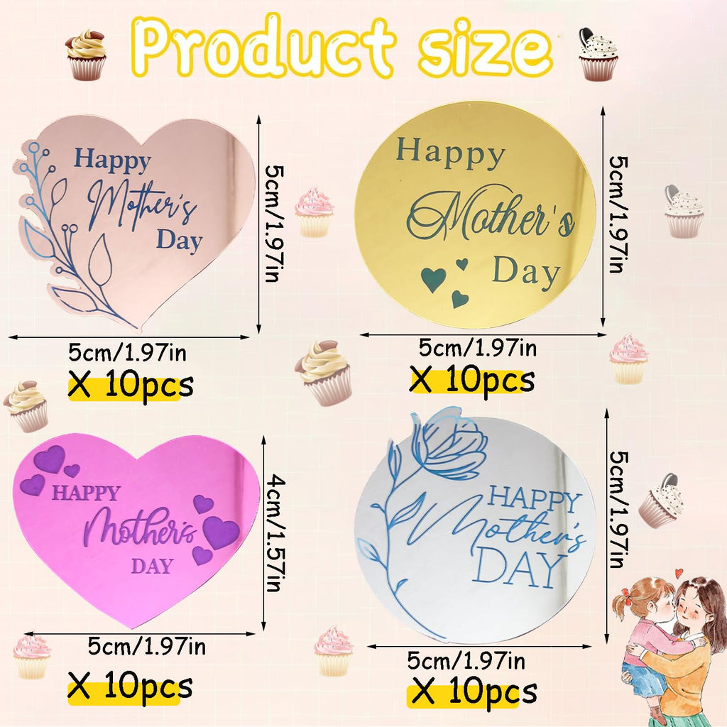 40-Pack Mother's Day Cupcake Toppers - Mirror Acrylic Hearts in 4 Colors by XBYzuzi
