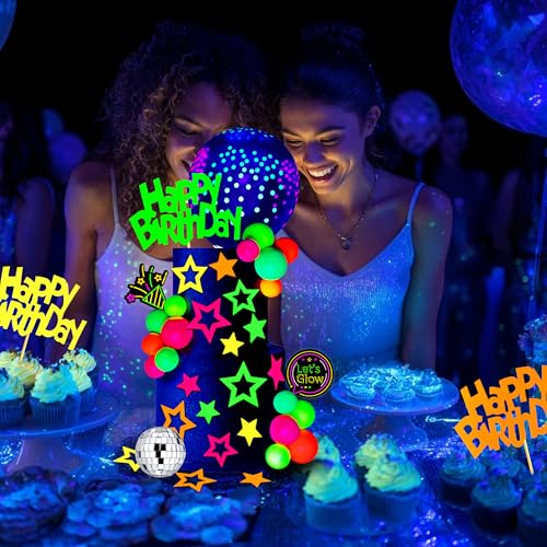40-Piece Glow Cake Topper Set – SPFYunion Neon Birthday Decor with Disco Ball, Stars, and Balloons for Black Light Parties