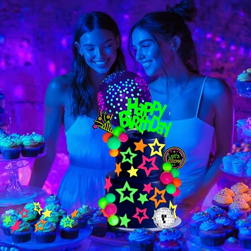 40-Piece Glow Cake Topper Set – SPFYunion Neon Birthday Decor with Disco Ball, Stars, and Balloons for Black Light Parties