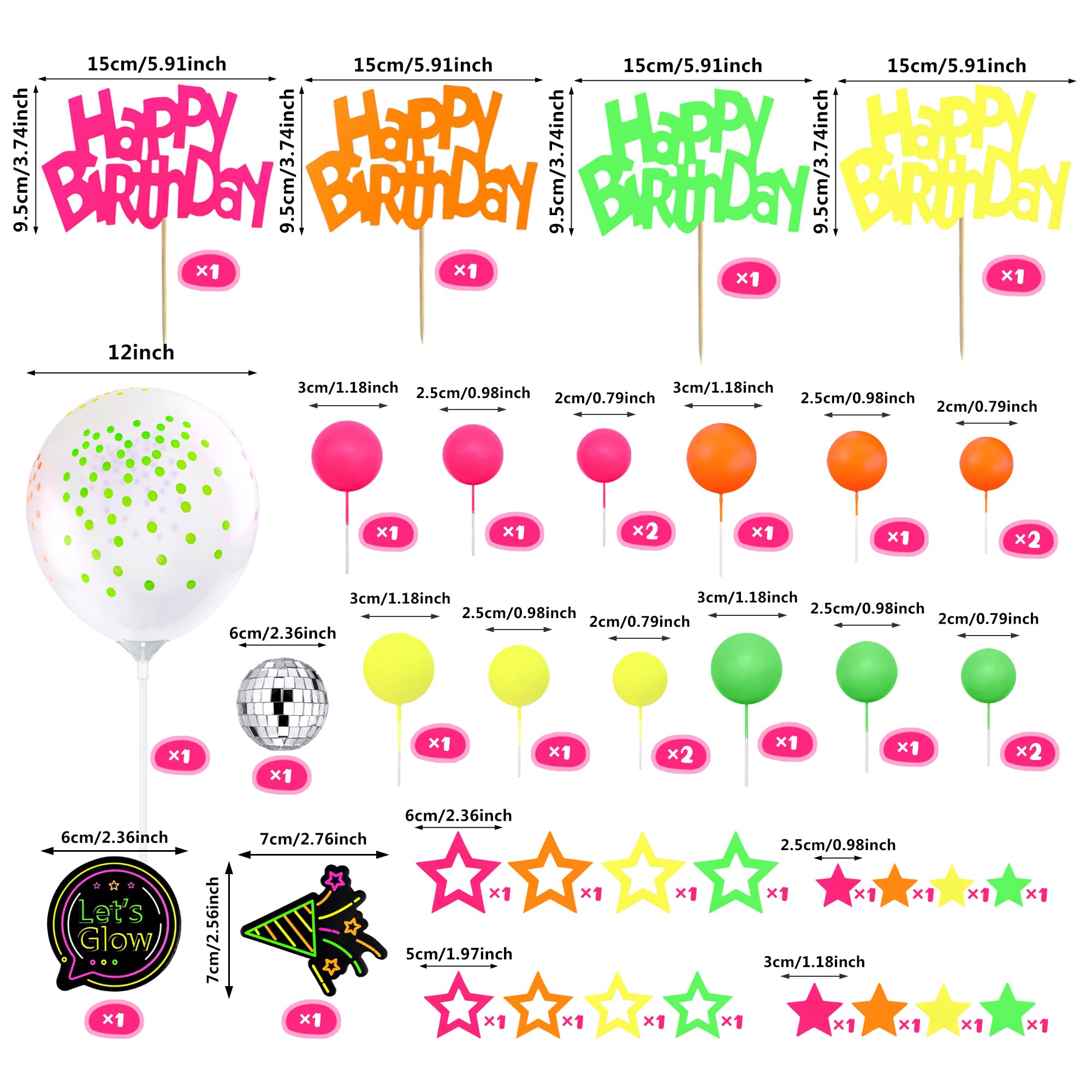 40-Piece Glow Cake Topper Set – SPFYunion Neon Birthday Decor with Disco Ball, Stars, and Balloons for Black Light Parties