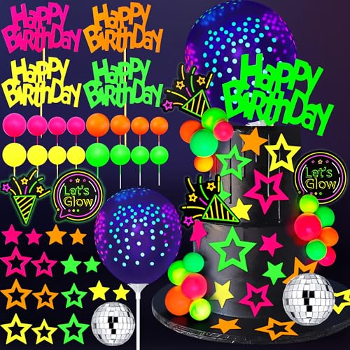 40-Piece Glow Cake Topper Set – SPFYunion Neon Birthday Decor with Disco Ball, Stars, and Balloons for Black Light Parties