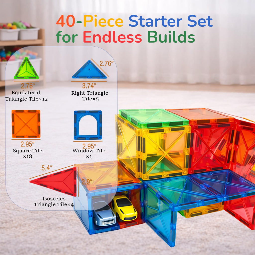 40-Piece Magnetic Tile Starter Set for Ages 3-6 – Build 2D & 3D with Squares and Triangles