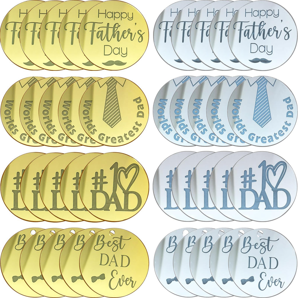 40 Pieces Father's Day Acrylic Cupcake Toppers – Gold & Silver Mirror Heart and Round Designs