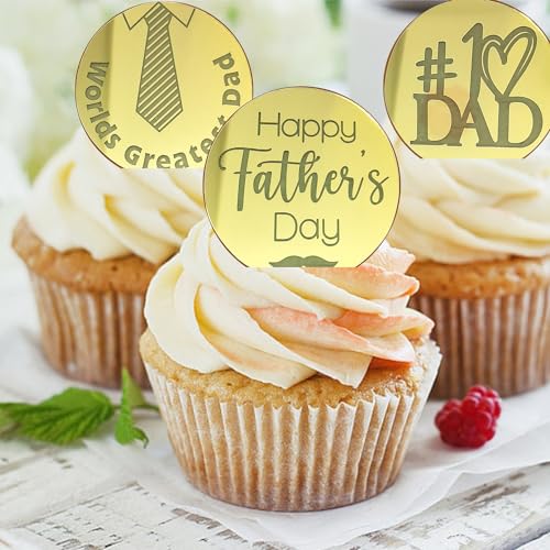 40 Pieces Father's Day Acrylic Cupcake Toppers – Gold & Silver Mirror Heart and Round Designs