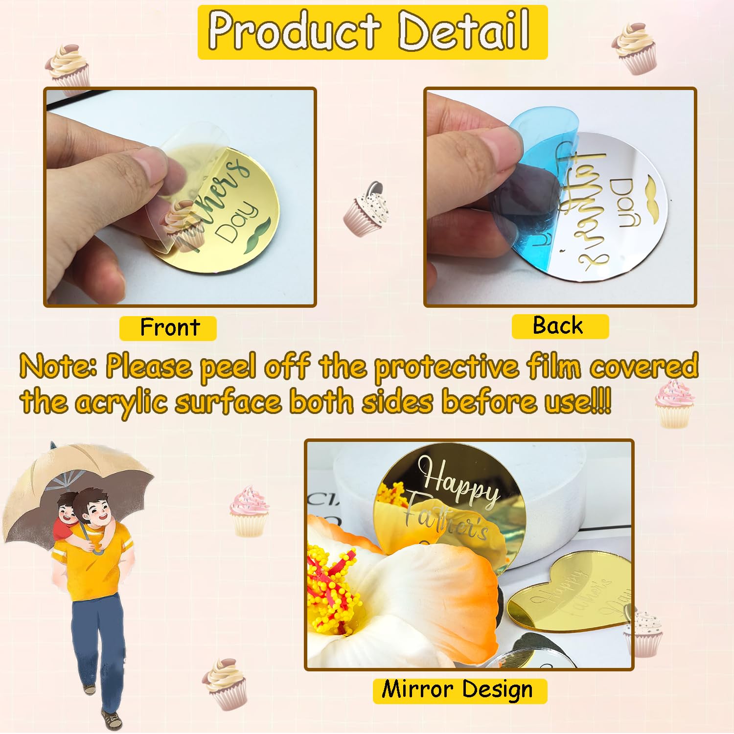 40 Pieces Father's Day Acrylic Cupcake Toppers – Gold & Silver Mirror Heart and Round Designs