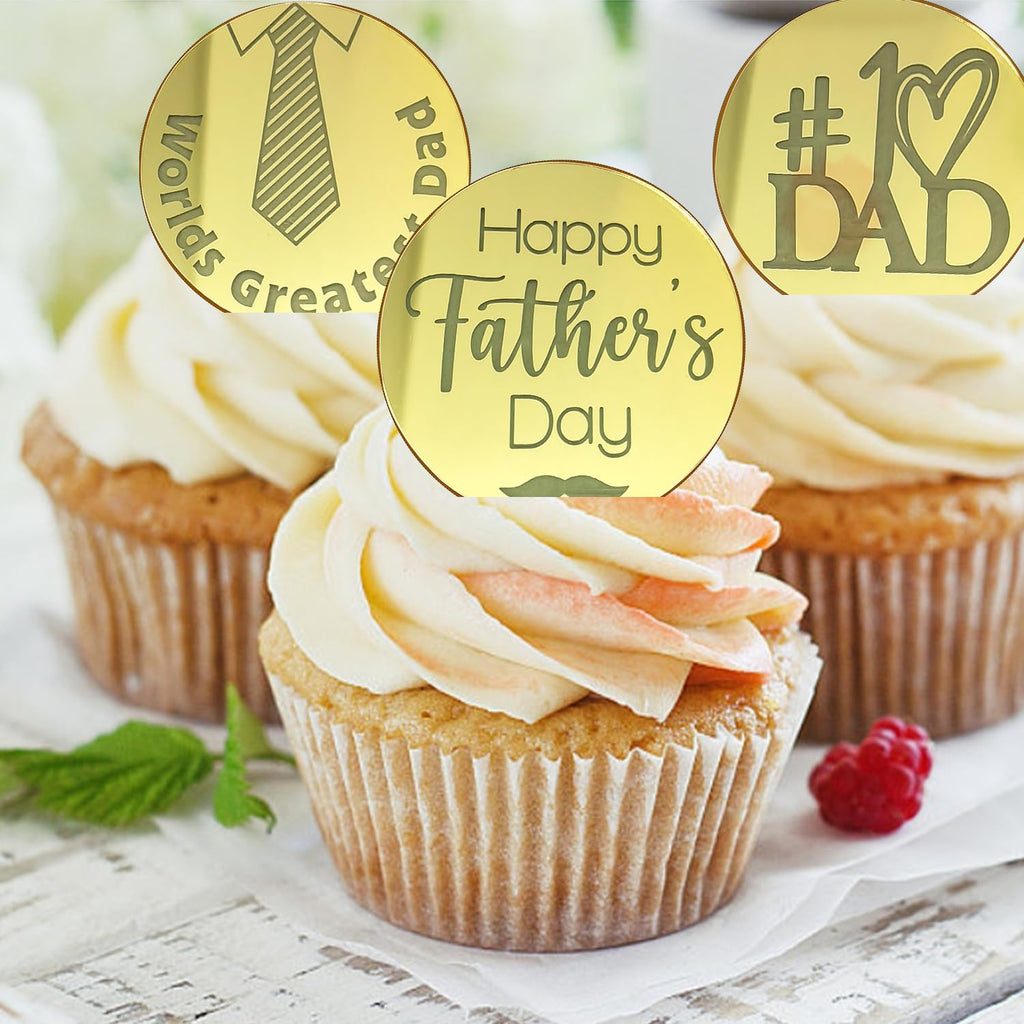 40 Pieces Father's Day Acrylic Cupcake Toppers – Gold & Silver Mirror Heart and Round Designs
