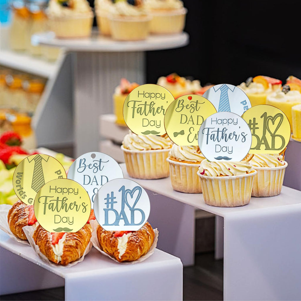 40 Pieces Father's Day Acrylic Cupcake Toppers – Gold & Silver Mirror Heart and Round Designs