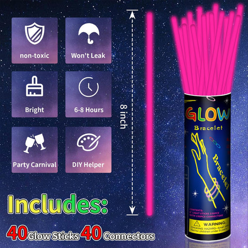 40 Pink Glow Sticks Bracelets & Necklaces Bulk Set with Connectors for Parties