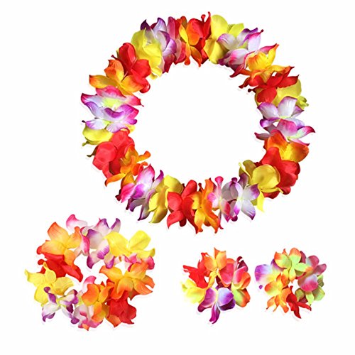 40cm Double-Layer Hula Grass Skirt Set for Kids with Flower Lei, Headband & Bracelets – Luau Party Costume