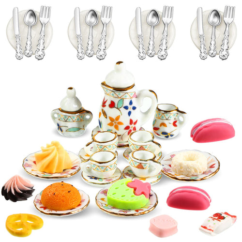 41 Pieces Miniature Dollhouse Kitchen Accessories Set - Porcelain Tea Cups, Plates, Cutlery & Resin Desserts for 1:12 Scale