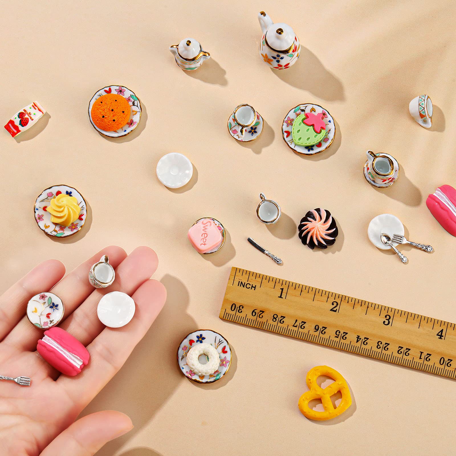 41 Pieces Miniature Dollhouse Kitchen Accessories Set - Porcelain Tea Cups, Plates, Cutlery & Resin Desserts for 1:12 Scale