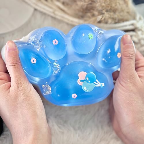 Pawfect Tail Big Taba Squishy Cat Paw – 5” Glittering Blue & White Stress Relief Squeeze Toy, Sticky Fidget Gift