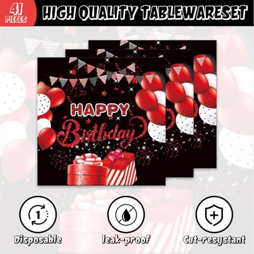 41pcs Black and Red Party Supplies Set – Plates, Napkins & Tablecloth for 20 Guests