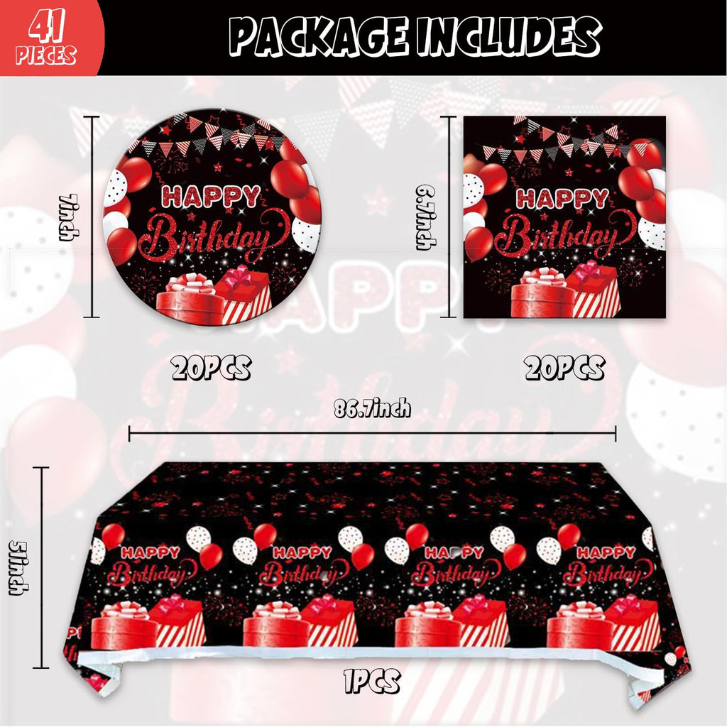 41pcs Black and Red Party Supplies Set – Plates, Napkins & Tablecloth for 20 Guests