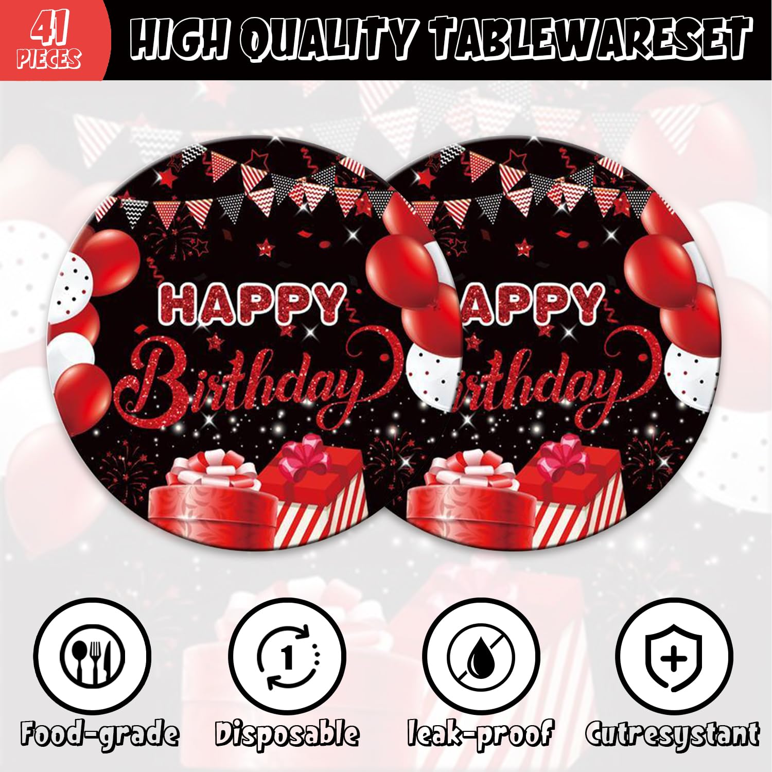 41pcs Black and Red Party Supplies Set – Plates, Napkins & Tablecloth for 20 Guests