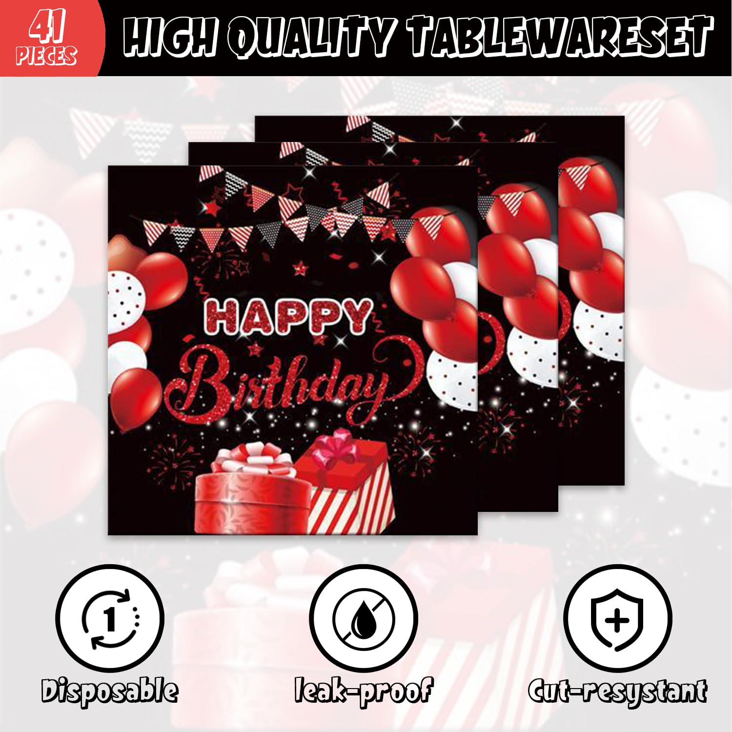 41pcs Black and Red Party Supplies Set – Plates, Napkins & Tablecloth for 20 Guests