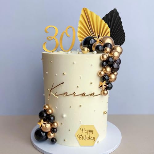 44-Piece Black and Gold Cake Topper Set with Balls, Palm Leaves, Acrylic Numbers 0-9 for Birthday Party Supplies
