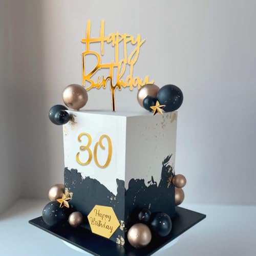 44-Piece Black and Gold Cake Topper Set with Balls, Palm Leaves, Acrylic Numbers 0-9 for Birthday Party Supplies