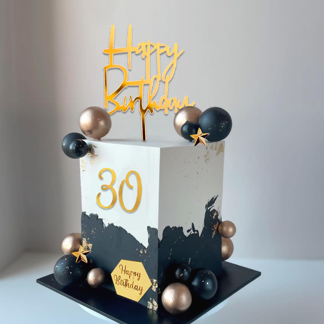 44-Piece Black and Gold Cake Topper Set with Balls, Palm Leaves, Acrylic Numbers 0-9 for Birthday Party Supplies