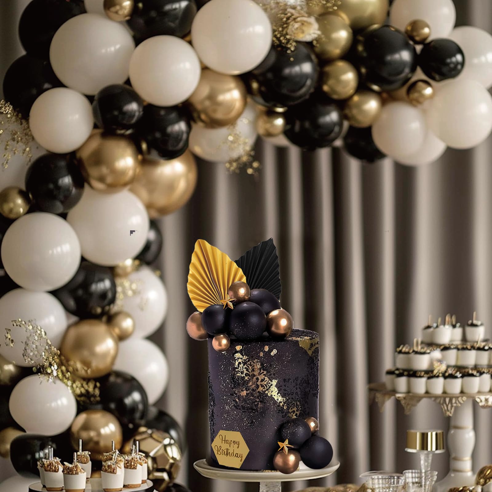 44-Piece Black and Gold Cake Topper Set with Balls, Palm Leaves, Acrylic Numbers 0-9 for Birthday Party Supplies