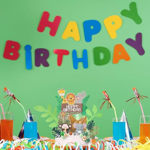 44-Piece Jungle Safari Animal Cake Toppers Set – Elephants, Giraffes, Lions, Monkeys & Tropical Leaves