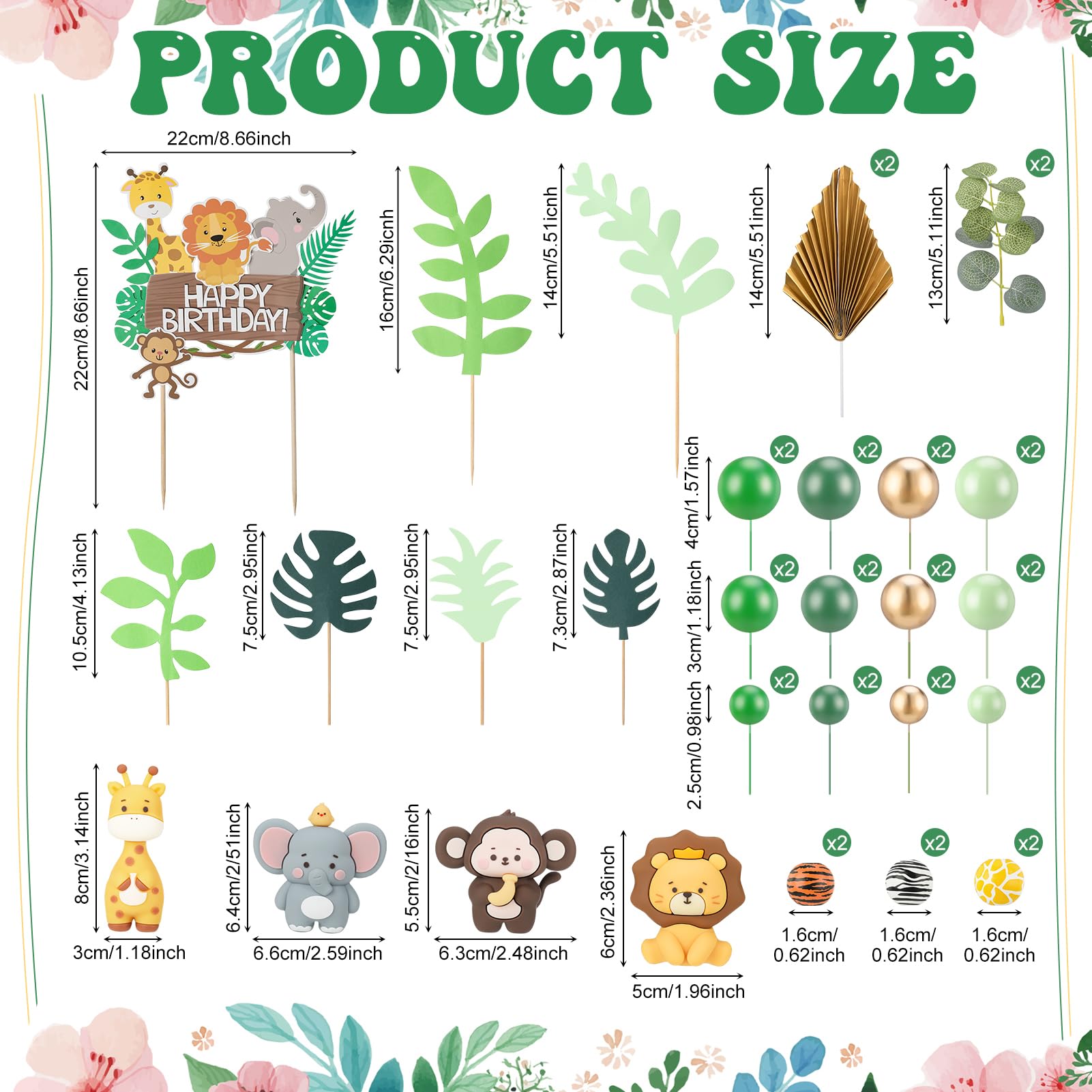 44-Piece Jungle Safari Animal Cake Toppers Set – Elephants, Giraffes, Lions, Monkeys & Tropical Leaves