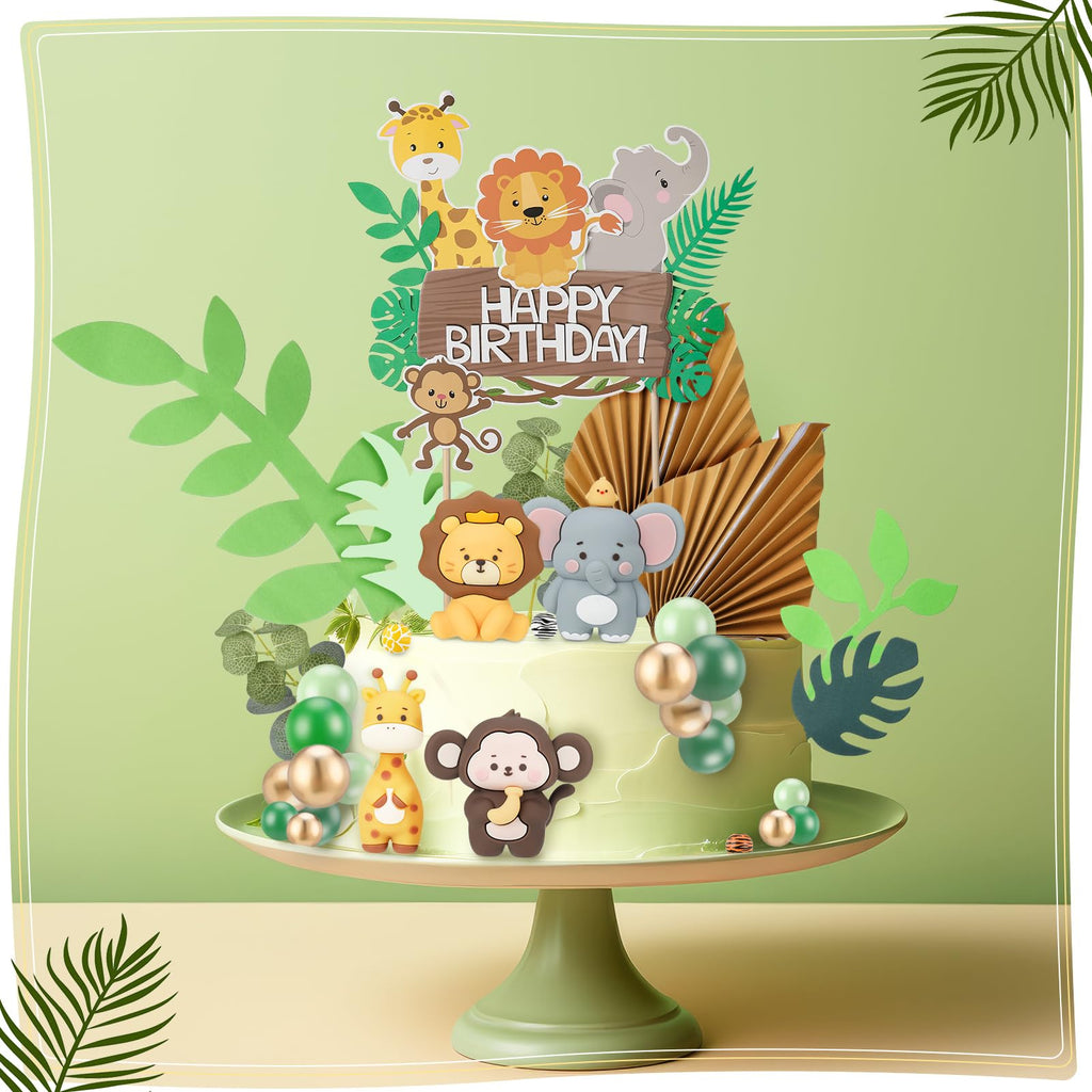 44-Piece Jungle Safari Animal Cake Toppers Set – Elephants, Giraffes, Lions, Monkeys & Tropical Leaves