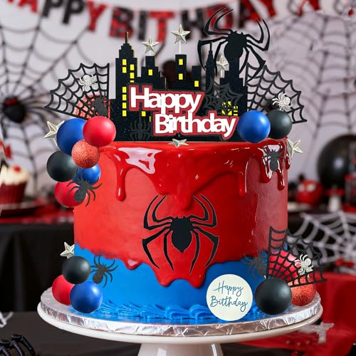 44-Piece Spider Cake Topper Set by Tyotrbs – Hero-Themed Cake Decorations with Spiders, Webs, Stars, and Balls