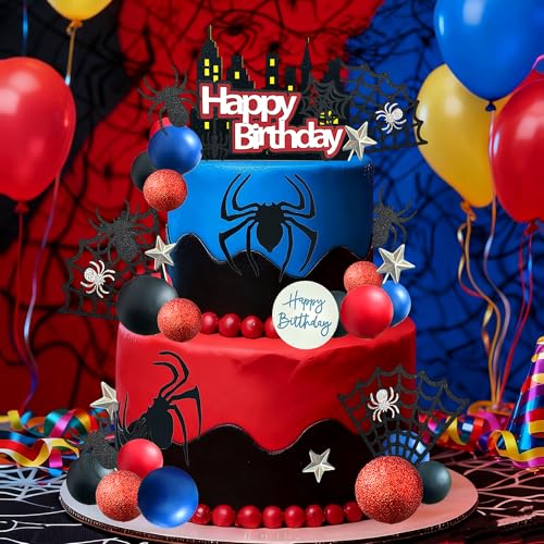 44-Piece Spider Cake Topper Set by Tyotrbs – Hero-Themed Cake Decorations with Spiders, Webs, Stars, and Balls