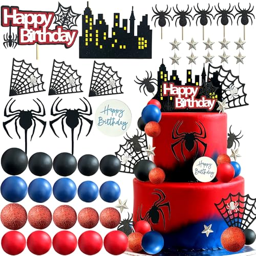 44-Piece Spider Cake Topper Set by Tyotrbs – Hero-Themed Cake Decorations with Spiders, Webs, Stars, and Balls