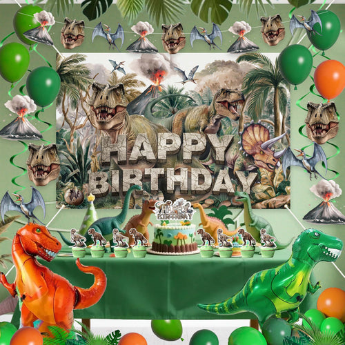 45-Piece Dinosaur Birthday Party Decorations Set – Backdrop, Balloons, Tablecloth & Cake Toppers
