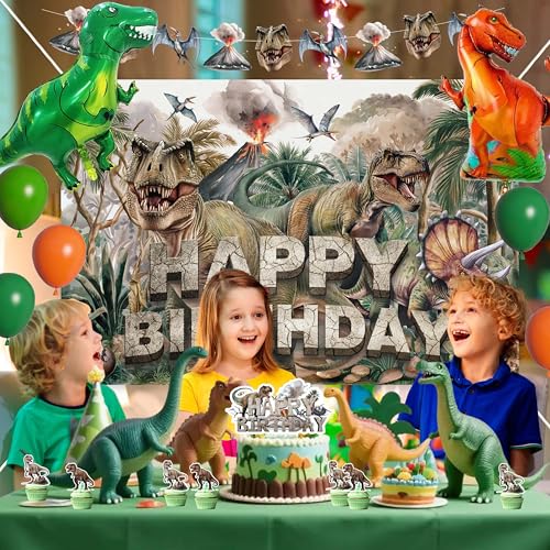 45-Piece Dinosaur Birthday Party Decorations Set – Backdrop, Balloons, Tablecloth & Cake Toppers