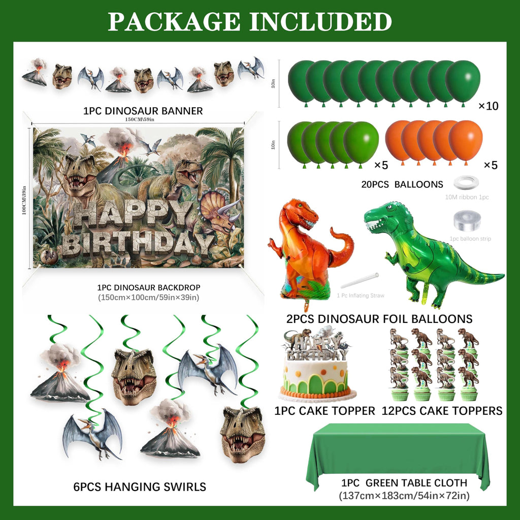 45-Piece Dinosaur Birthday Party Decorations Set – Backdrop, Balloons, Tablecloth & Cake Toppers