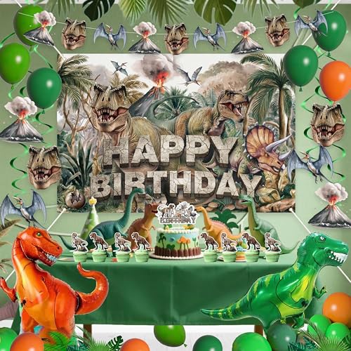 45-Piece Dinosaur Birthday Party Decorations Set – Backdrop, Balloons, Tablecloth & Cake Toppers