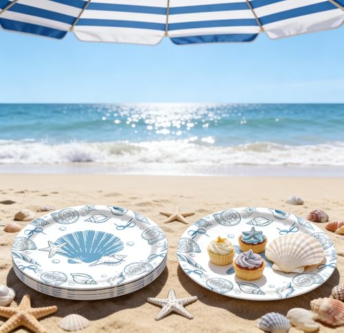 48 Blue Bow Seashell Paper Plates - 7 Inch Coastal Disposable Plates for Beach Parties