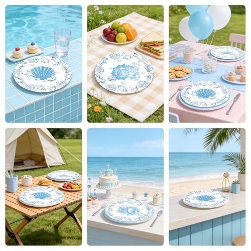 48 Blue Bow Seashell Paper Plates - 7 Inch Coastal Disposable Plates for Beach Parties