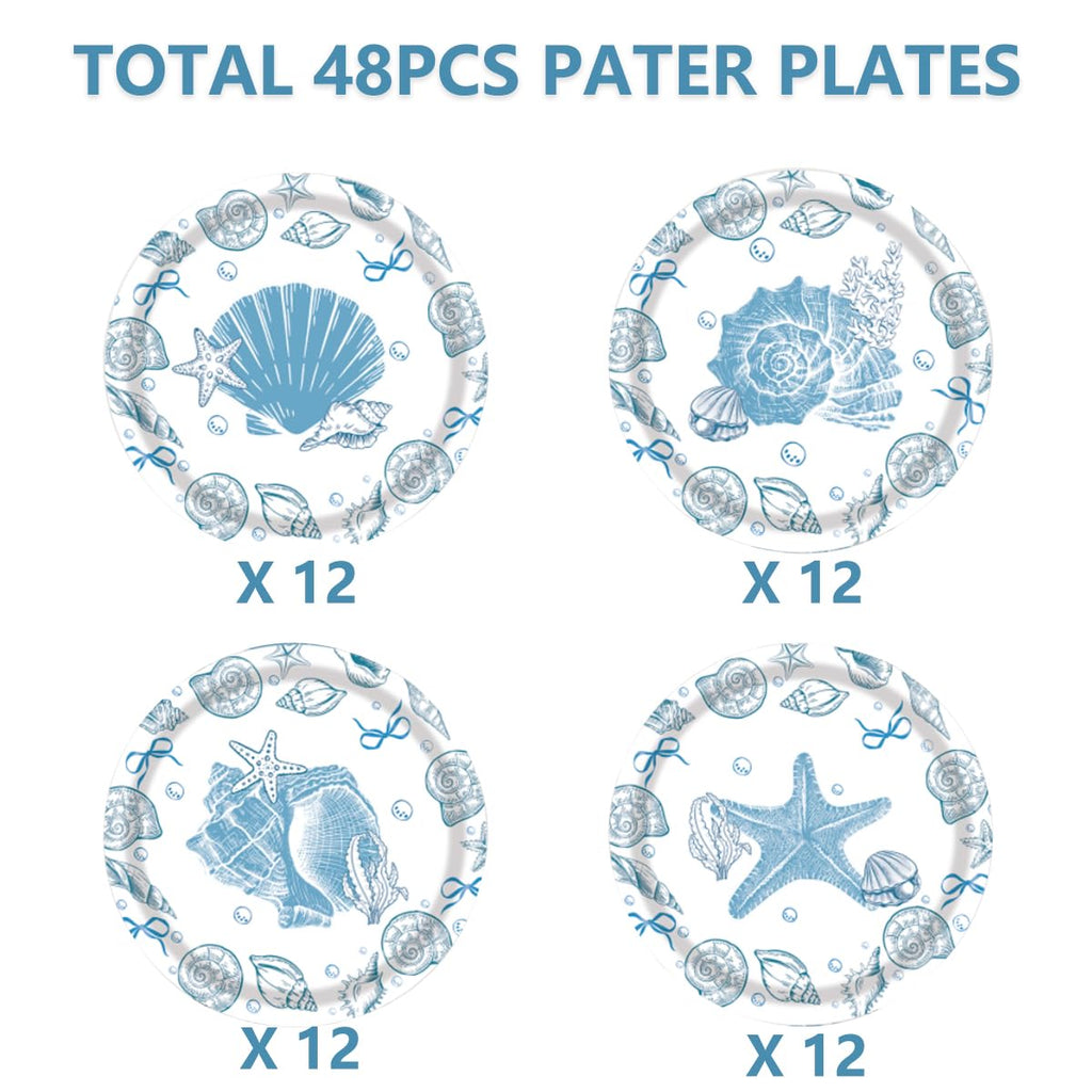 48 Blue Bow Seashell Paper Plates - 7 Inch Coastal Disposable Plates for Beach Parties
