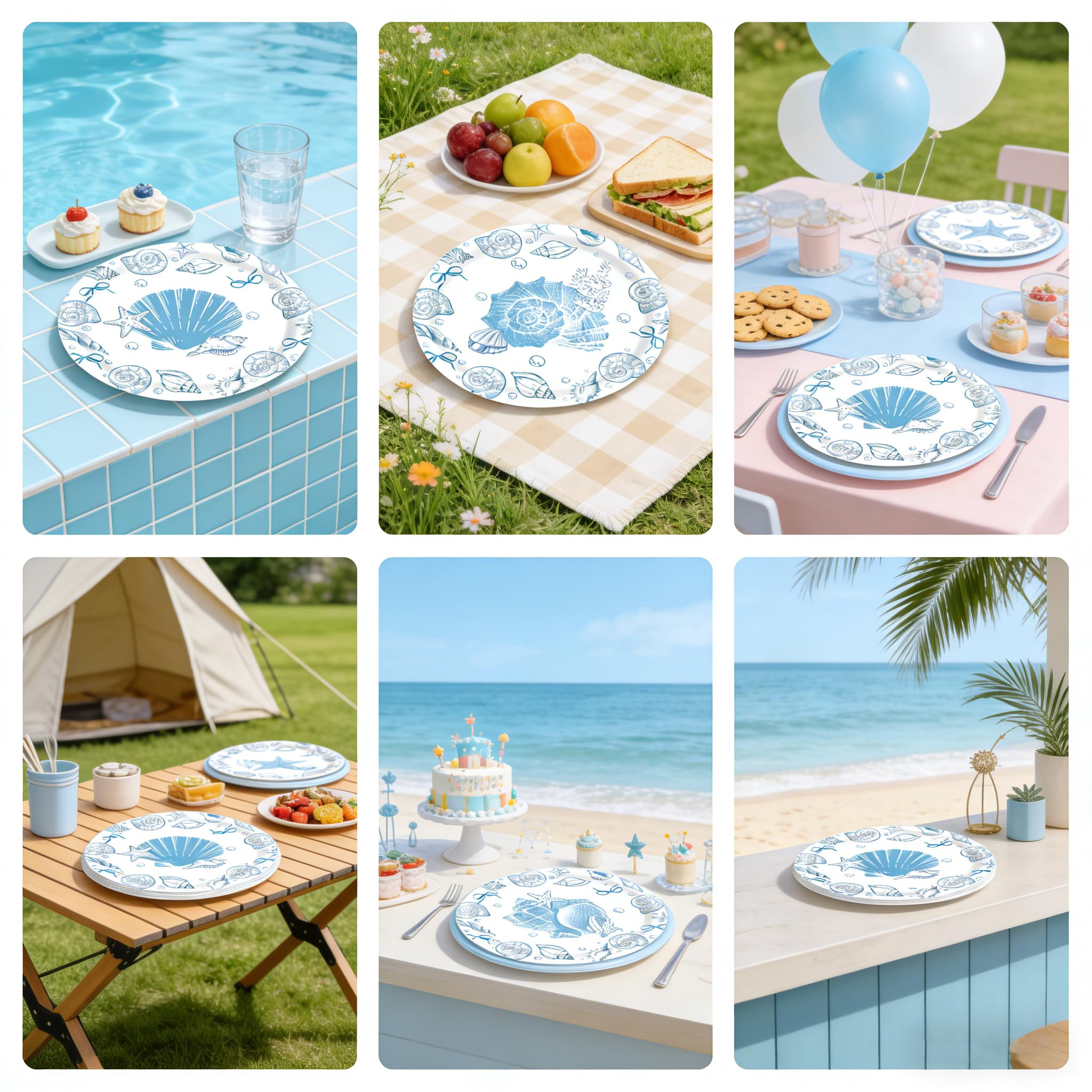 48 Blue Bow Seashell Paper Plates - 7 Inch Coastal Disposable Plates for Beach Parties