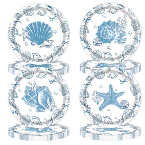 48 Blue Bow Seashell Paper Plates - 7 Inch Coastal Disposable Plates for Beach Parties