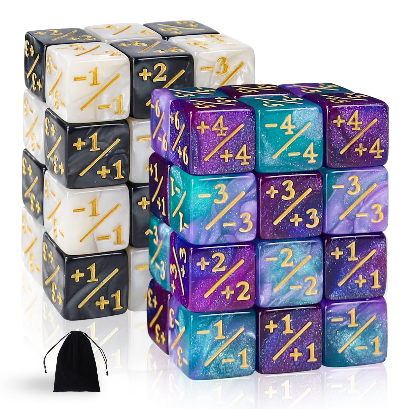 48 Glitter D6 Dice for MTG - Acrylic Marble Counters with Velvet Bag (Black/White & Blue/Purple)