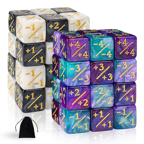 48 Glitter D6 Dice for MTG - Acrylic Marble Counters with Velvet Bag (Black/White & Blue/Purple)