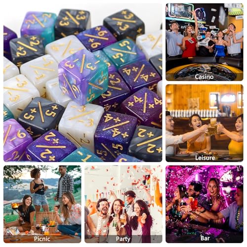 48 Glitter D6 Dice for MTG - Acrylic Marble Counters with Velvet Bag (Black/White & Blue/Purple)