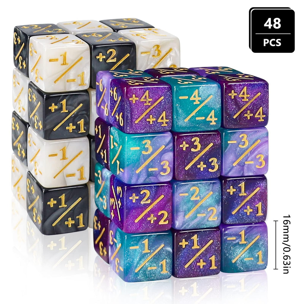 48 Glitter D6 Dice for MTG - Acrylic Marble Counters with Velvet Bag (Black/White & Blue/Purple)