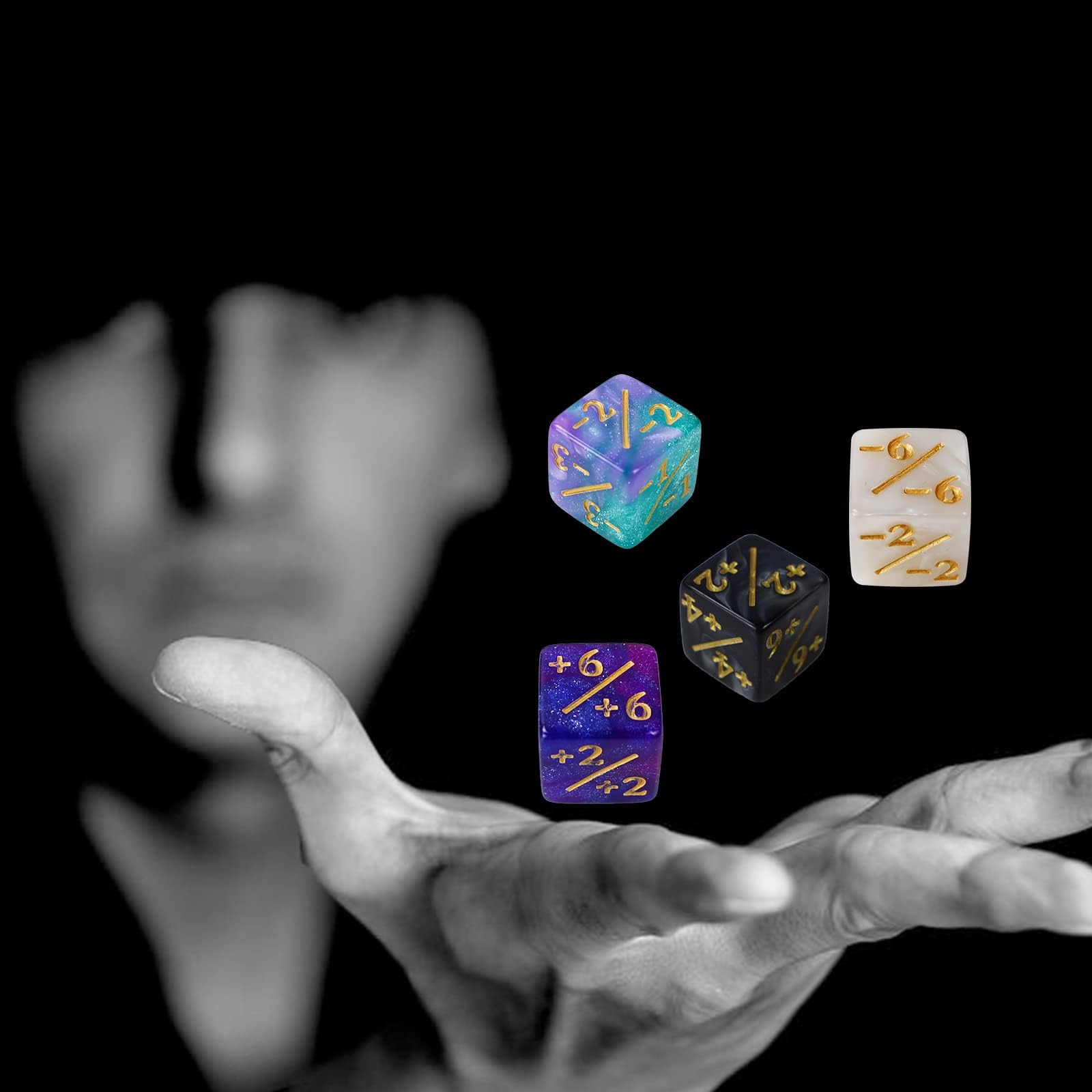 48 Glitter D6 Dice for MTG - Acrylic Marble Counters with Velvet Bag (Black/White & Blue/Purple)