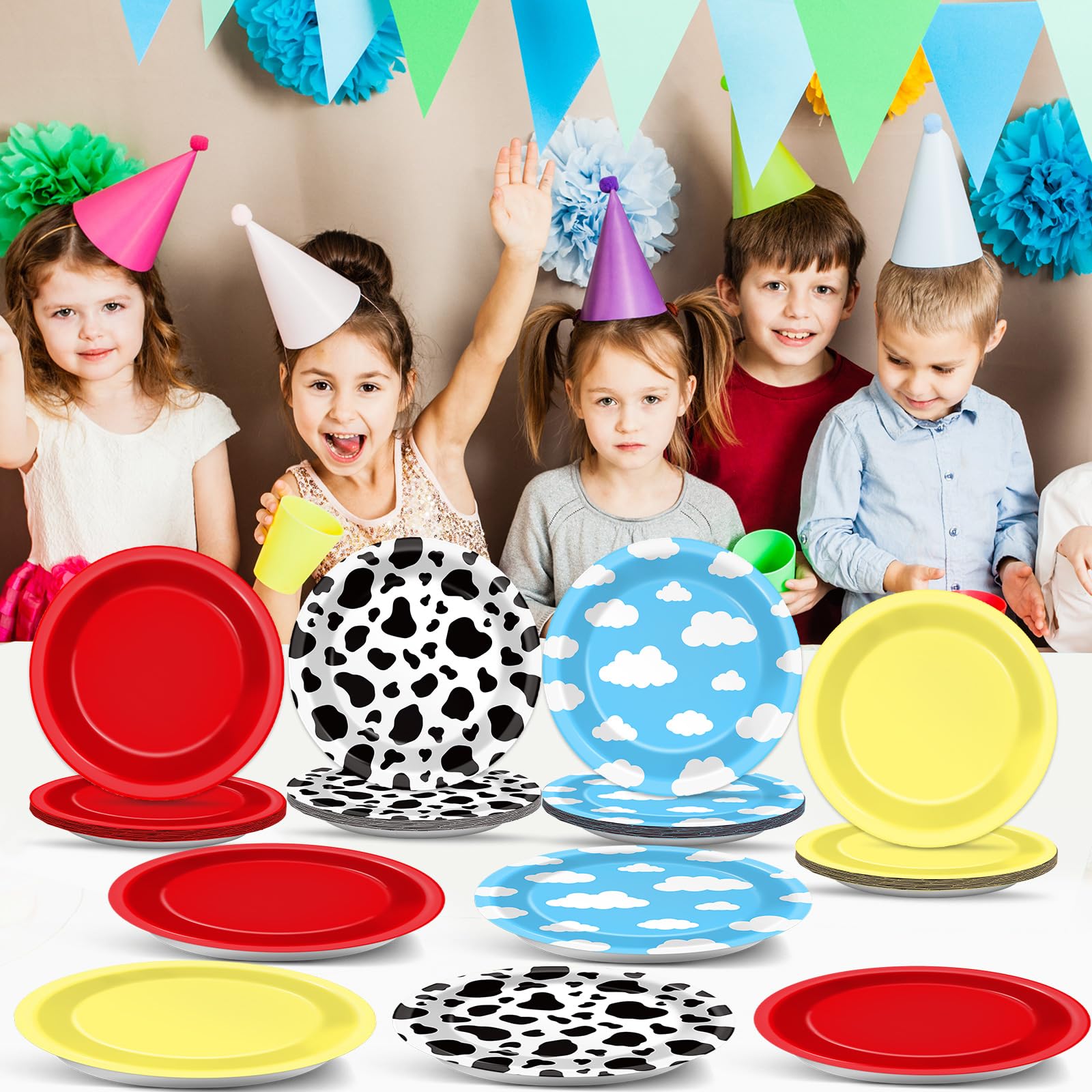 48-Pack Cartoon Story Paper Plates – 7-Inch Cow Print Sky Blue Cloud Disposable Party Tableware