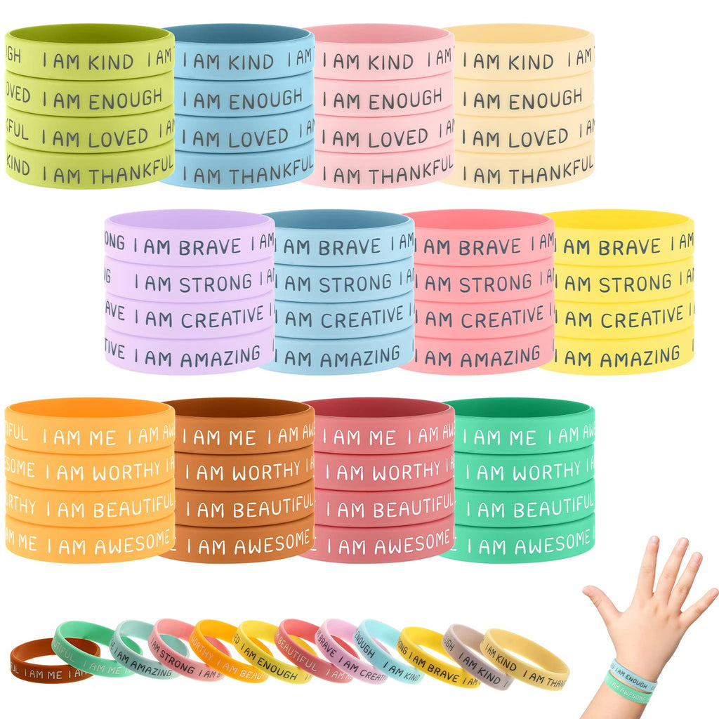 48 Pack Inspirational Silicone Wristbands for Kids – Motivational Rubber Bracelets in Fresh Colors, 12 Designs