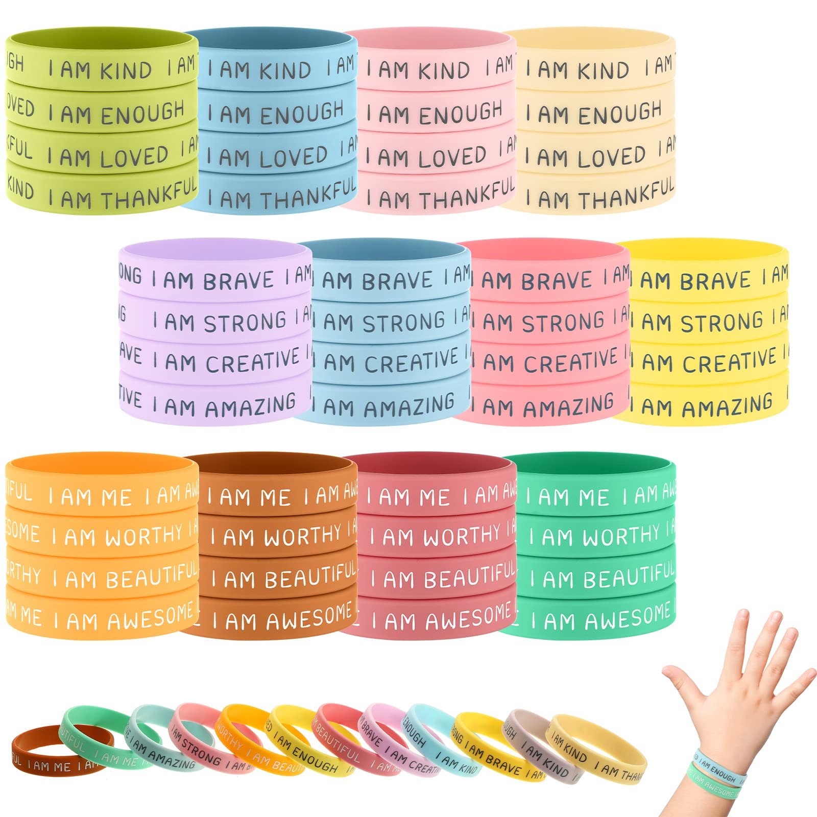 48 Pack Inspirational Silicone Wristbands for Kids – Motivational Rubber Bracelets in Fresh Colors, 12 Designs