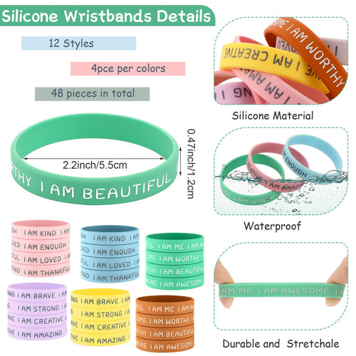 48 Pack Inspirational Silicone Wristbands for Kids – Motivational Rubber Bracelets in Fresh Colors, 12 Designs